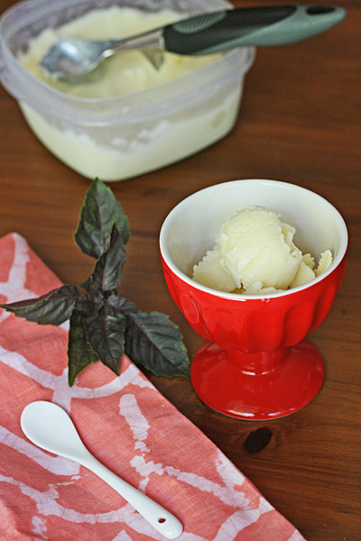 Basil Ice Cream - This basil ice cream is more like an ice milk - bright and refreshing! Serve it with a strawberry balsamic sauce for a summer treat.