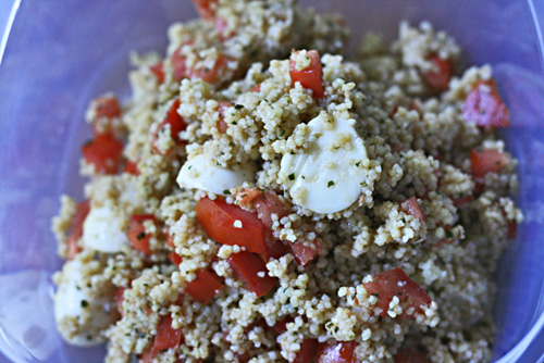 Couscous is ready in 5 minutes and you can do practically anything to it, like make it into a twist on the classic caprese salad.