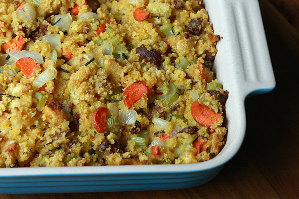 Cornbread stuffing dances with spicy chorizo, vegetables and sage. This stuffing is good enough to eat on its own, which I do often. Cornbread stuffing dances with spicy chorizo, vegetables and sage. This stuffing is good enough to eat on its own, which I do often.