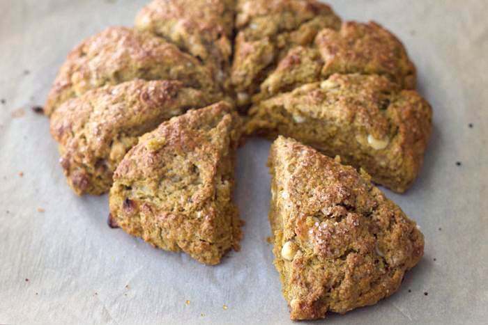 Pumpkin scones are a classic fall treat. White chocolate chips make them even better!