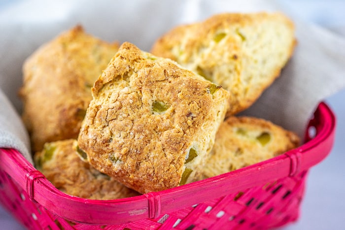 Enjoy Hatch cheddar biscuits stuffed with eggs for breakfast, or alongside a bowl of chili for dinner.