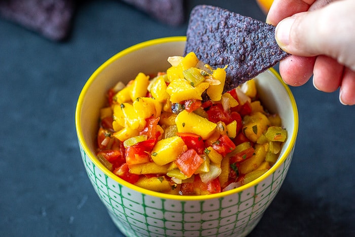 Roasted hatch peach salsa is sweet and spicy all at once. Try it for taco night.
