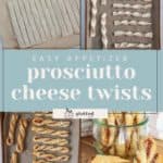 Step-by-step images detail the preparation and baking of cheese twists, with finished prosciutto cheese twists artfully arranged in a glass jar and on a baking sheet.