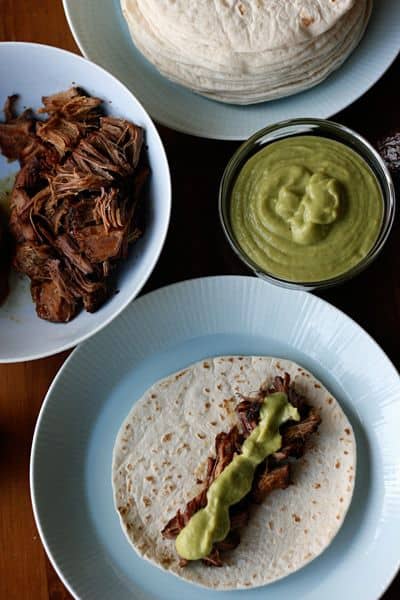 Smoky Sweet Beef Tacos with Avocado Tomatillo Sauce