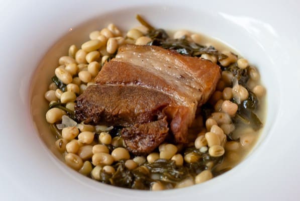 Pork belly and summer peas