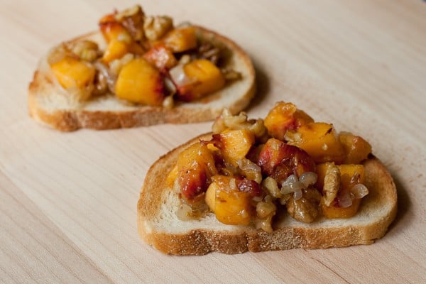 peach walnut bruschetta - Celebrate back-to-school time with a merging of the seasons in this light dish, peach walnut bruschetta.