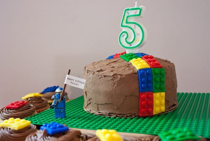 peanut butter cake decorated with lego fondant