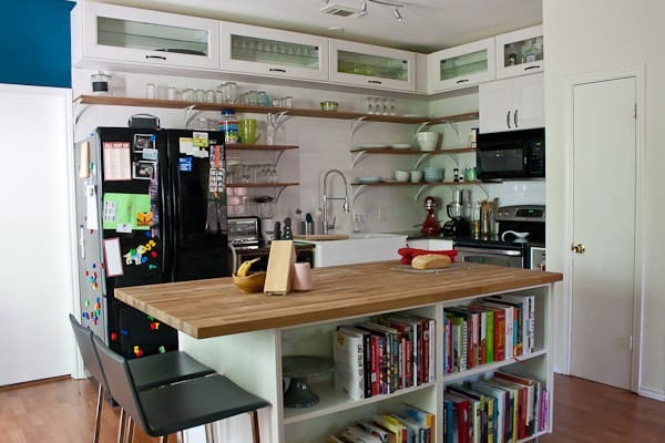 white kitchen with open shelving