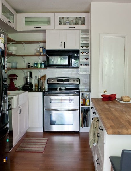 white kitchen with open shelving