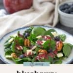 A spinach salad with pecans, blueberries, and cheese is topped with blueberry vinaigrette. A jar of blueberry vinaigrette and a bowl of blueberries are in the background. Text reads "blueberry vinaigrette.