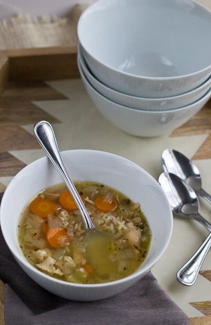 Chicken Soup - We wrap up More Cluck for Your Buck with a use for those saved chicken bones - easy chicken soup with alphabet noodles.