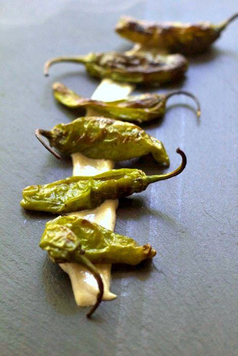 Grilled shishito peppers plated,  horizontal