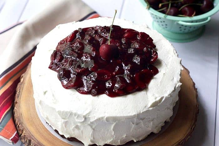 Black Forest Cake is made with whole sweet cherries and black cocoa.