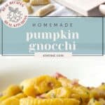 Homemade pumpkin gnocchi, showing both uncooked pieces on a floured surface and a finished dish in a bowl.