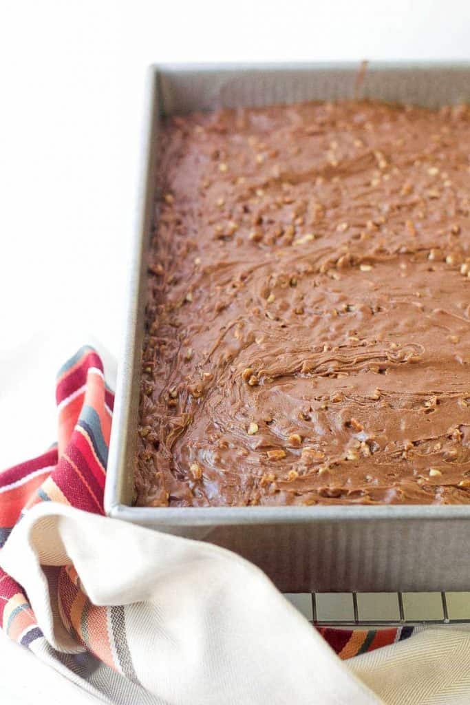 Texas sheet cake is chocolatey, nutty, and delightfully gooey. Everyone loves it!