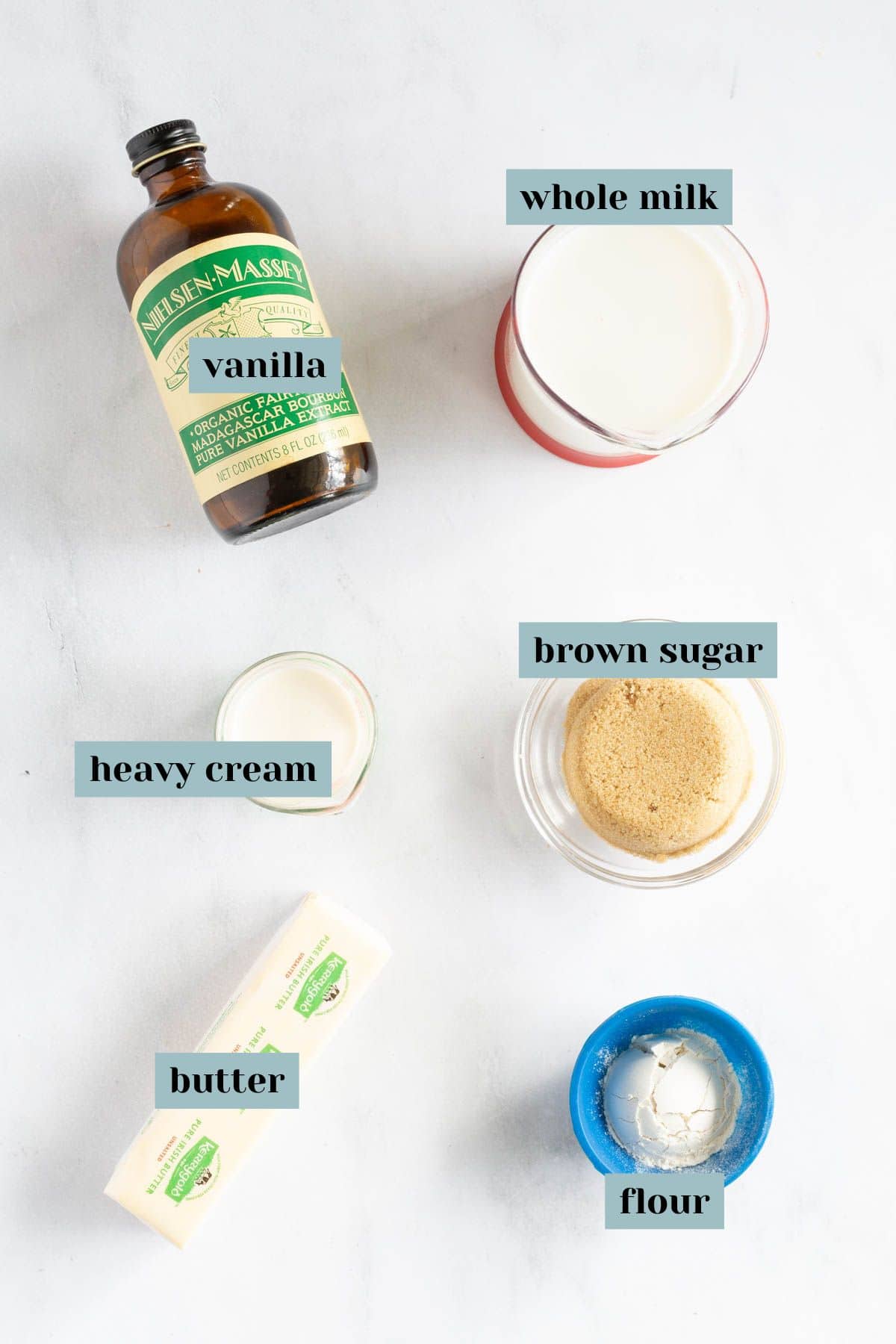 Top-down view of ingredients on a white surface: poached pears, vanilla extract, whole milk, heavy cream, butter, brown sugar, and flour, each labeled with text.