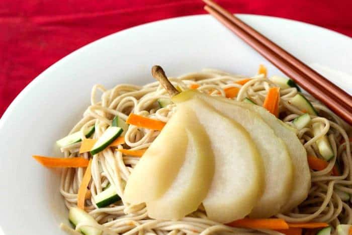 Tea-Poached Pears with Soba Noodles