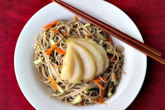 Poached Pears - Poached in tea and served with soba noodles, this dish is a creative way to use fall pears.