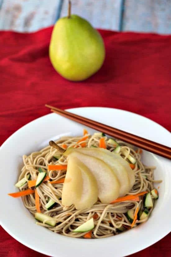 Poached Pears  - Tea-Poached Pears with Soba Noodles is a simple, savory way to use crisp fall pears.