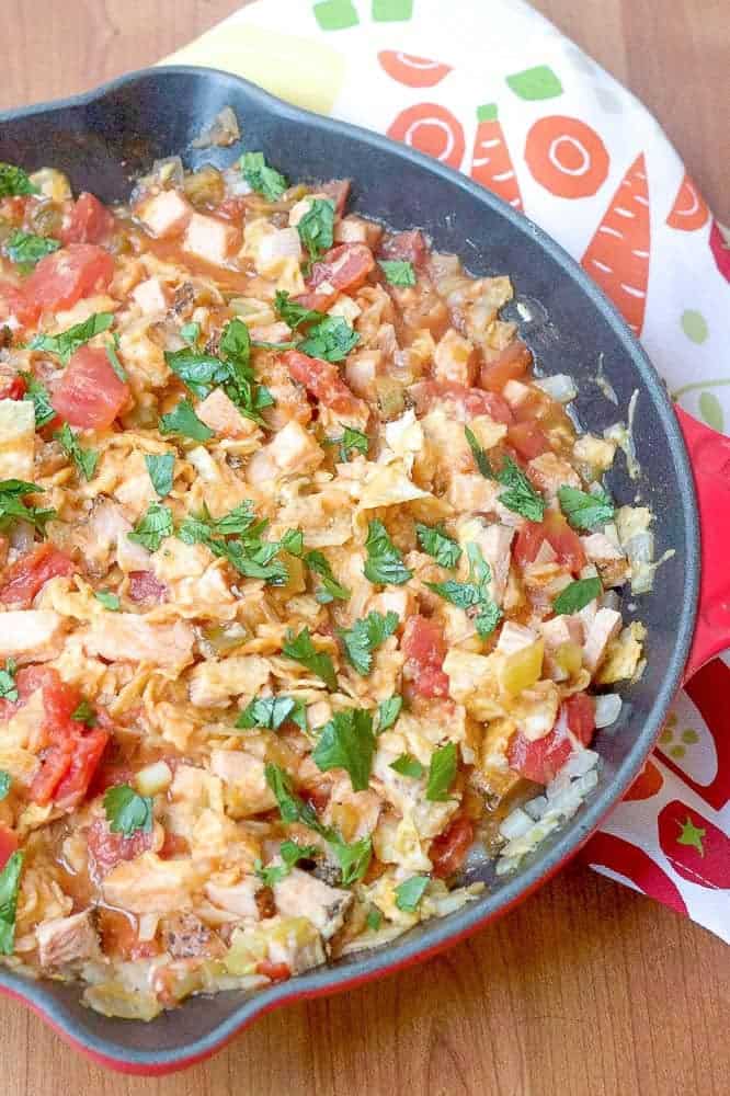 Turkey chilaquiles are a quick and flavorful dinner option using precooked turkey breast.