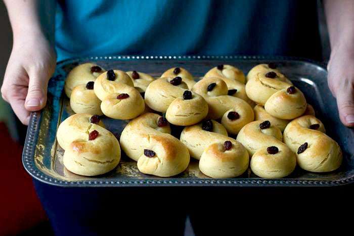Saffron buns are the traditional way to celebrate December 13, St. Lucia Day. They're also great with coffee or as part of a buffet.