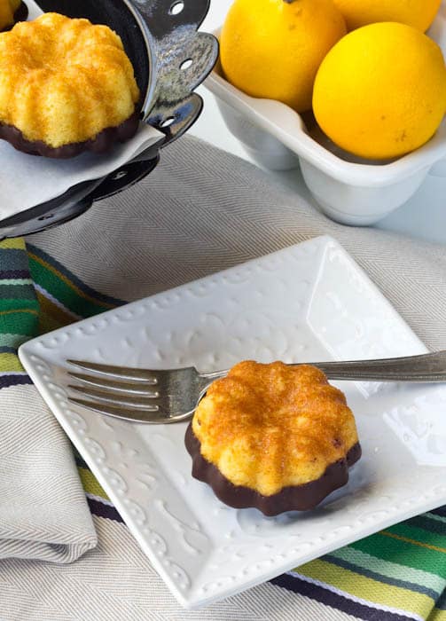 Mini Lemon Cakes with Chocolate Boots - These mini lemon cakes are dipped in chocolate for delicious "boots" that honor the swashbuckling feline Puss in Boots.