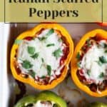 A close-up of cooked bell peppers filled with a savory mixture, topped with melted cheese, herbs, and grilled eggplant. Text on the image reads "How to Make Italian Stuffed Peppers" and features the website stetted.com.