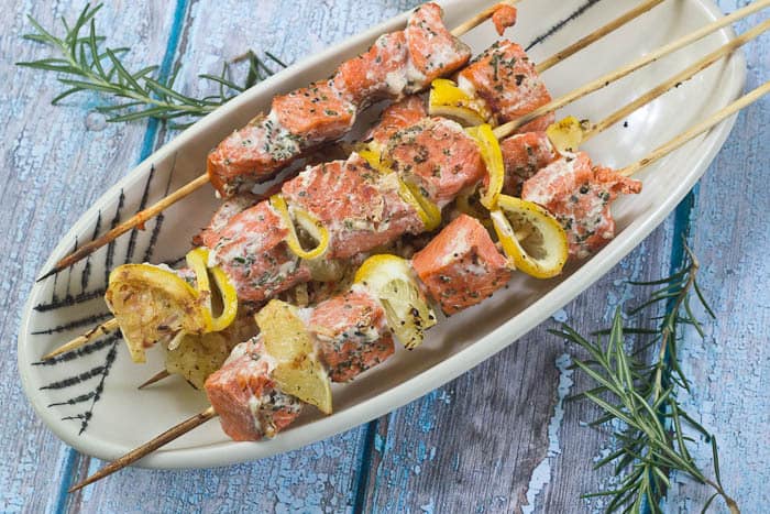 Salmon Kebabs are incredibly easy and flavored with lemon and fresh rosemary.