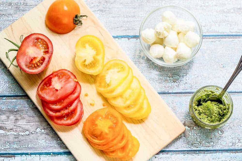 Multicolor tomatoes are a gorgeous way to present a caprese salad.