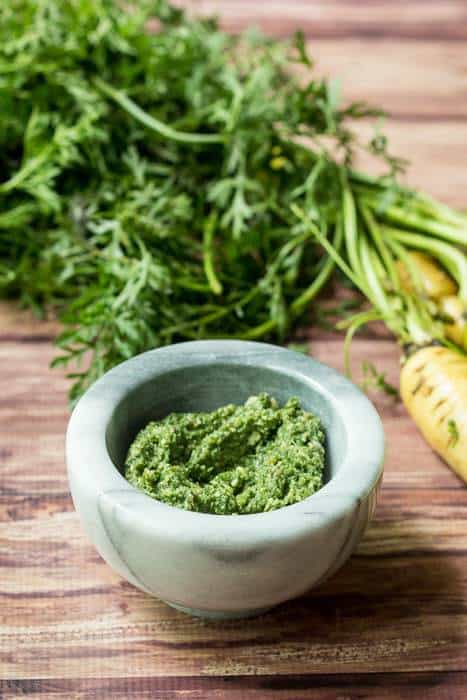 Carrot top pesto makes quick, zesty work of leftover carrot greens.