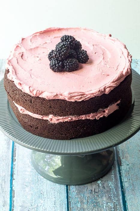 Chocolate beet cake with blackberry buttercream is a beautiful, fresh dessert.