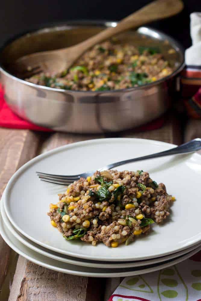 vertical bison one pot dinner on a plate with pan of food behind