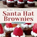 Mini strawberry santa hat brownies with a touch of festive joy from the addition of Reese's Pieces cookies.