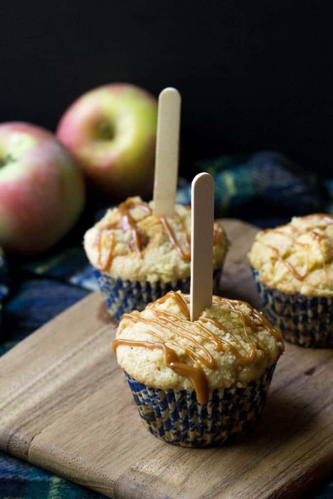 Caramel apple muffins are filled with chunks of apple and sweet caramel. They're an ideal fall breakfast!