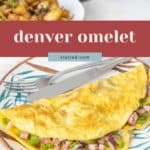 A classic Denver omelet filled with ham, green peppers, and onions is served on a plate with a fork and knife; home fries sit in a bowl in the background.