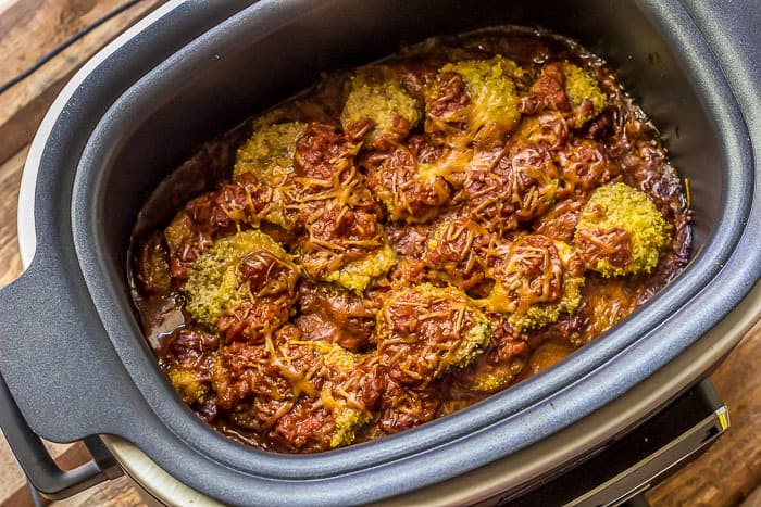 Slow cooker eggplant parmesan is crispy, meaty, and so good!