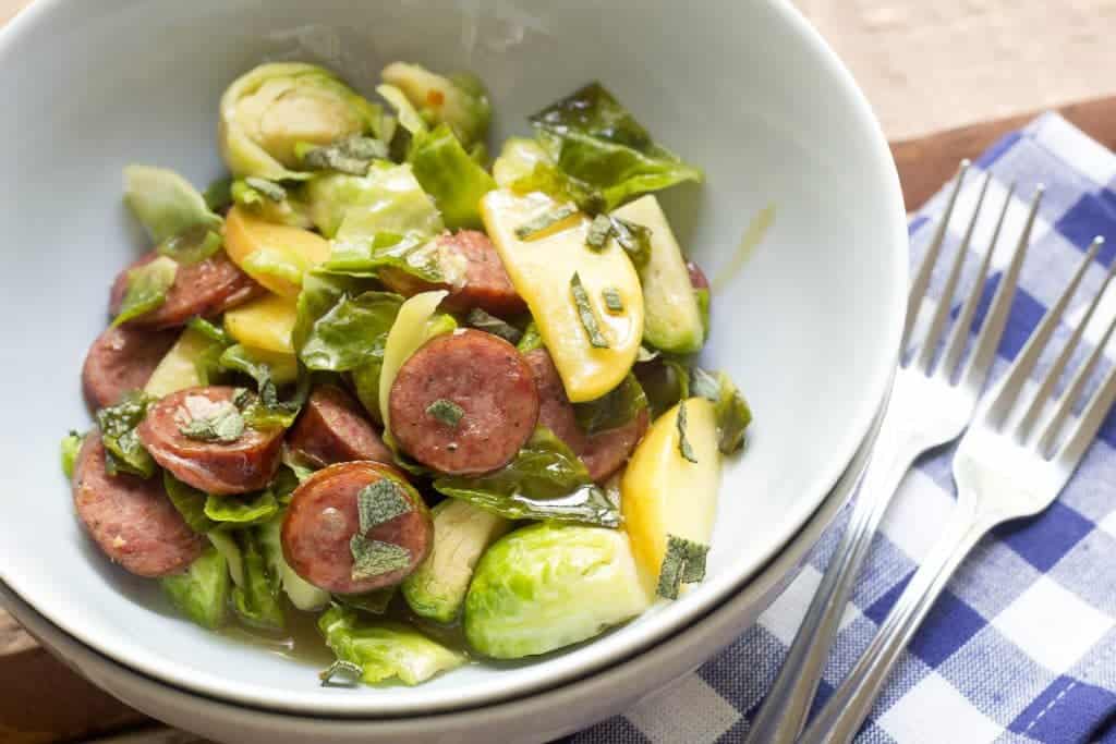 Beer-Glazed Sausage with Brussels Sprouts and Apples is a dish that is just chock-full of fall flavor.
