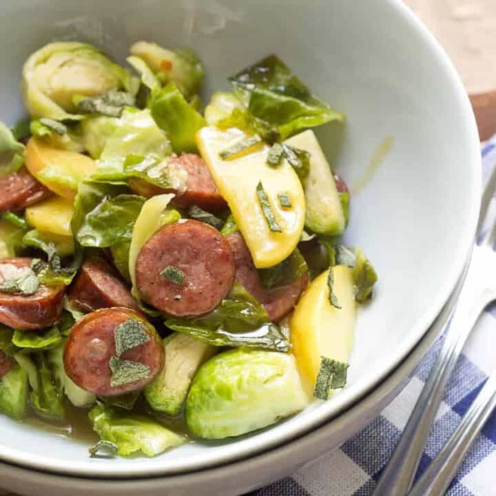 Beer-Glazed Sausage with Brussels Sprouts and Apples