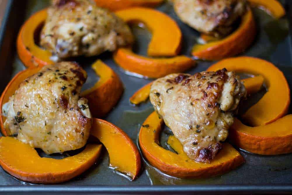 Sheet Pan Chile-Lime Chicken - Chicken is roasted with kuri squash for a simple, flavorful all-in-one dinner.