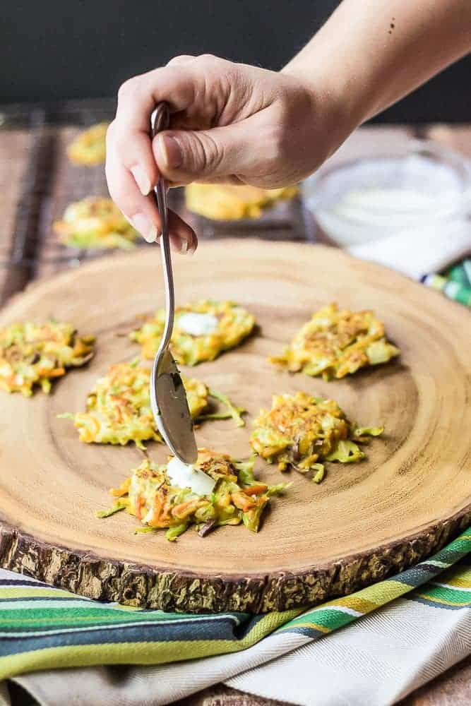 Mini vegetable latkes are filled with veggies for a different take on the traditional latke.