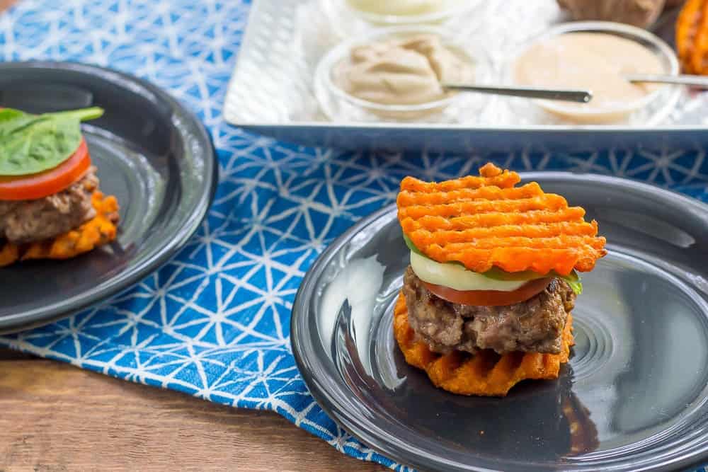 Party sliders with waffle fry buns make mini burgers even more fun.