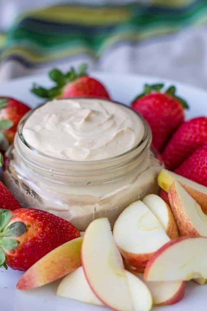 Peanut butter fruit dip only needs three ingredients and is a great addition to your fruit tray. 