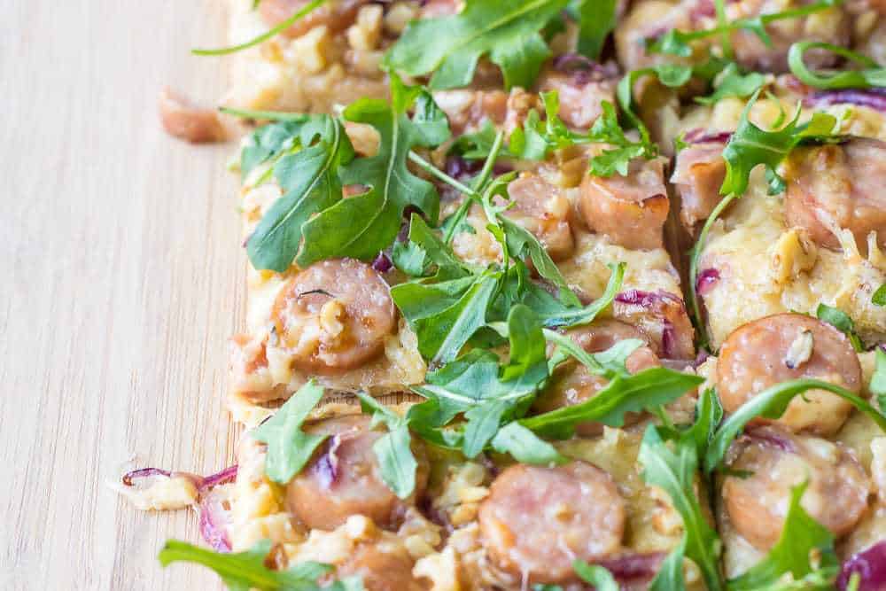 Maple-walnut chicken sausage pizza is a lighter take for pizza night.