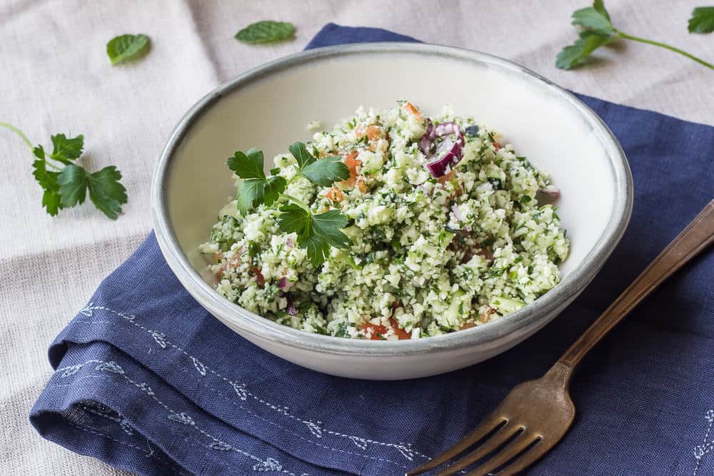 Raw cauliflower tabouli is a fresh and zesty side dish.