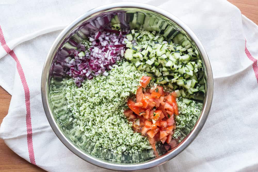 Cauliflower Tabouli is a fresh vegan side dish.