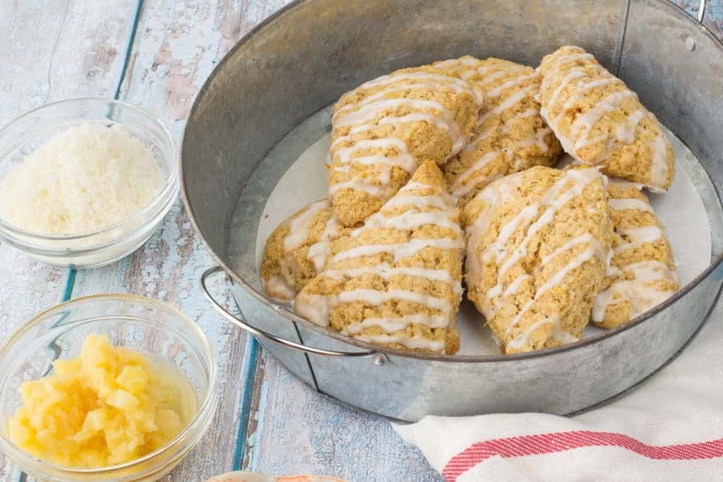 Piña colada scones are filled with pineapple and coconut for a tropical taste.