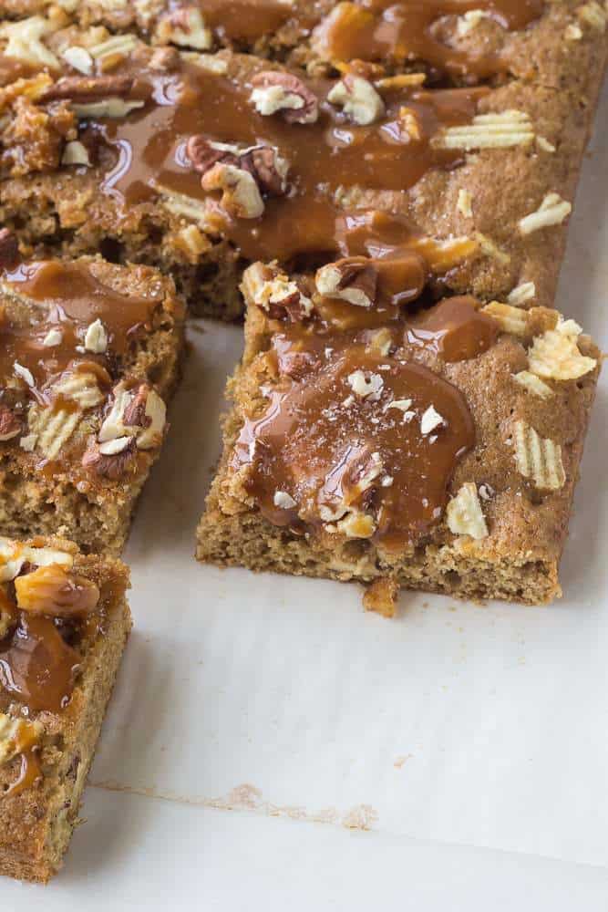 Salted caramel pecan blondies are sweet, salty, and oh so good! 