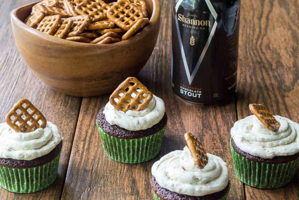 Beer and pretzel cupcakes are sweet and salty chocolate desserts that go great with your favorite pint.