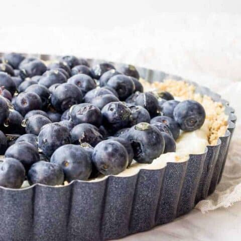 This blueberry white chocolate tart features a no-bake crust and luscious mascarpone cheese. It's perfect for the Fourth of July.