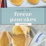 A baking tray with pancakes and a plastic bag labeled "pancakes," filled with pancakes, demonstrating how to freeze pancakes for easy storage and future breakfasts.
